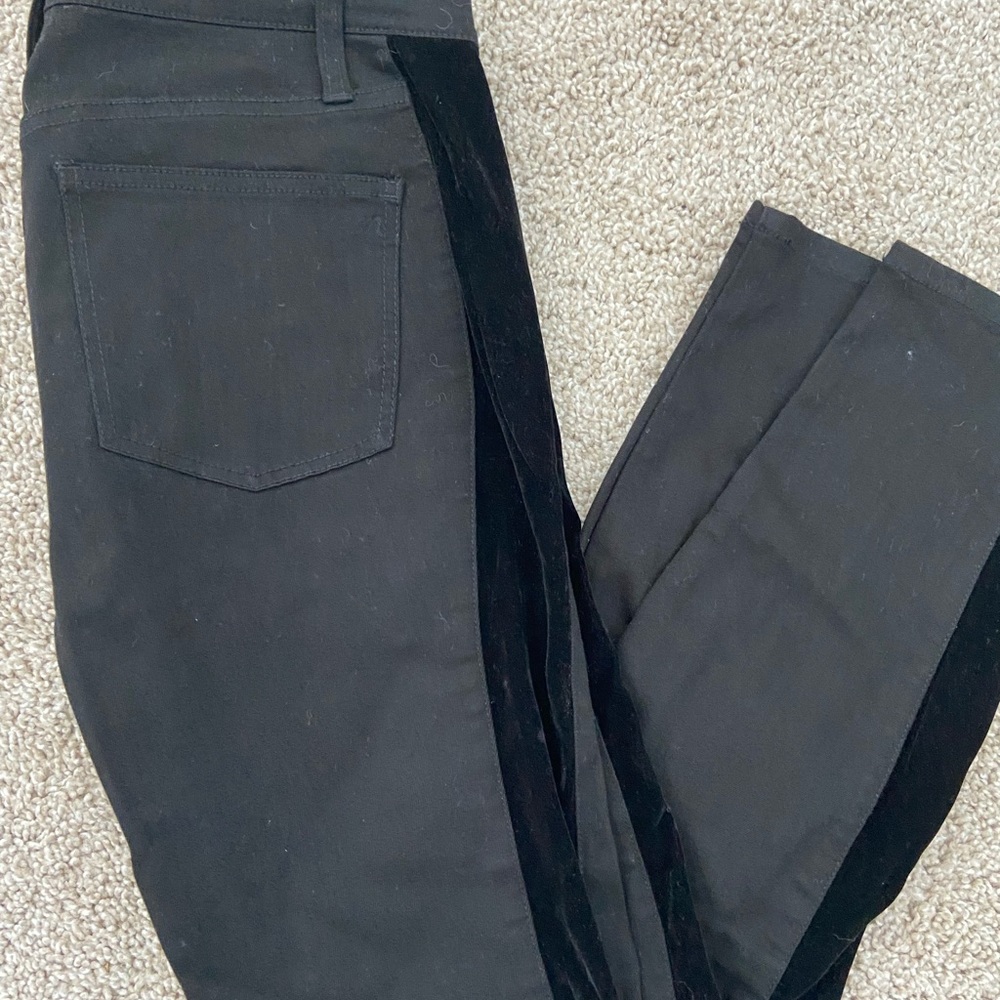 Madewell black denim with velvet tuxedo stripe down legs